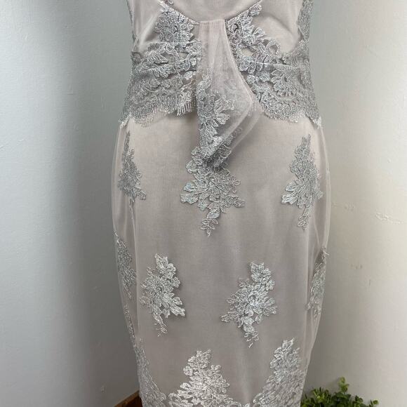 Eva Franco Silver Floral Embroidered Tulle Sleeveless Sheath Dress Size 2 - Picture 3 of 8